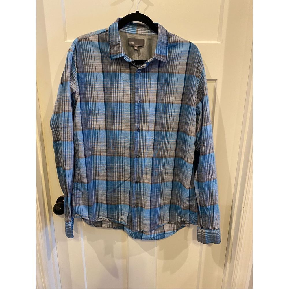Vince✅ Mens Blue Plaid Button Down Shirt